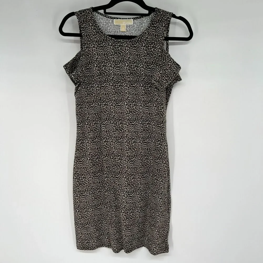 NWT Michael Michael Kors Dress Womens XS Brown Black Leopard Print Cold Shoulder